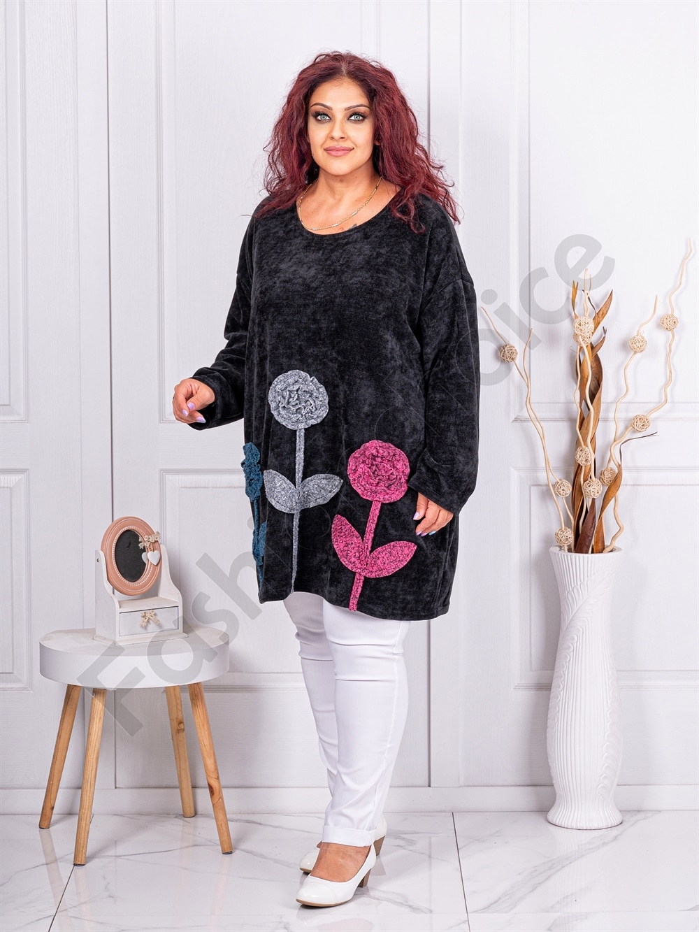 Plus size κοτλέ βελουτέ τουνίκ με 3D απλικέ-μαύρο-κωδ 10255