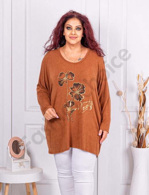 Plus size πλεκτή μπλούζα με φλοράλ τύπωμα-ταμπά-κωδ 12781-5