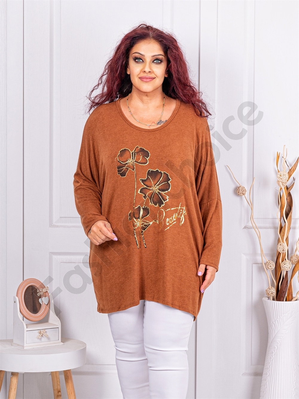 Plus size πλεκτή μπλούζα με φλοράλ τύπωμα-ταμπά-κωδ 12781-5
