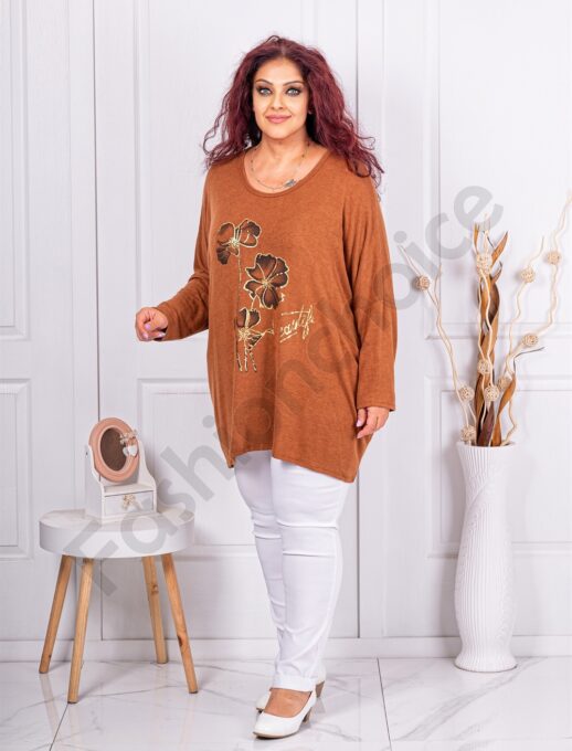 Plus size πλεκτή μπλούζα με φλοράλ τύπωμα-ταμπά-κωδ 12781-5