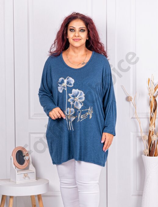 Plus size πλεκτή μπλούζα με φλοράλ τύπωμα-μπλε-κωδ 12781-3