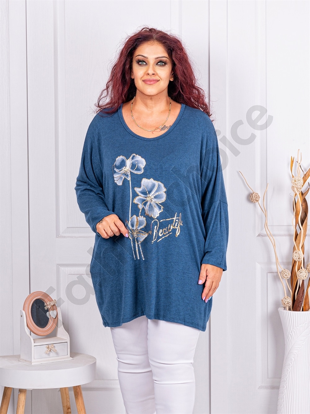 Plus size πλεκτή μπλούζα με φλοράλ τύπωμα-μπλε-κωδ 12781-3