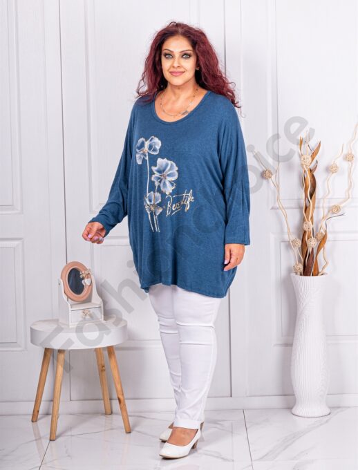 Plus size πλεκτή μπλούζα με φλοράλ τύπωμα-μπλε-κωδ 12781-3