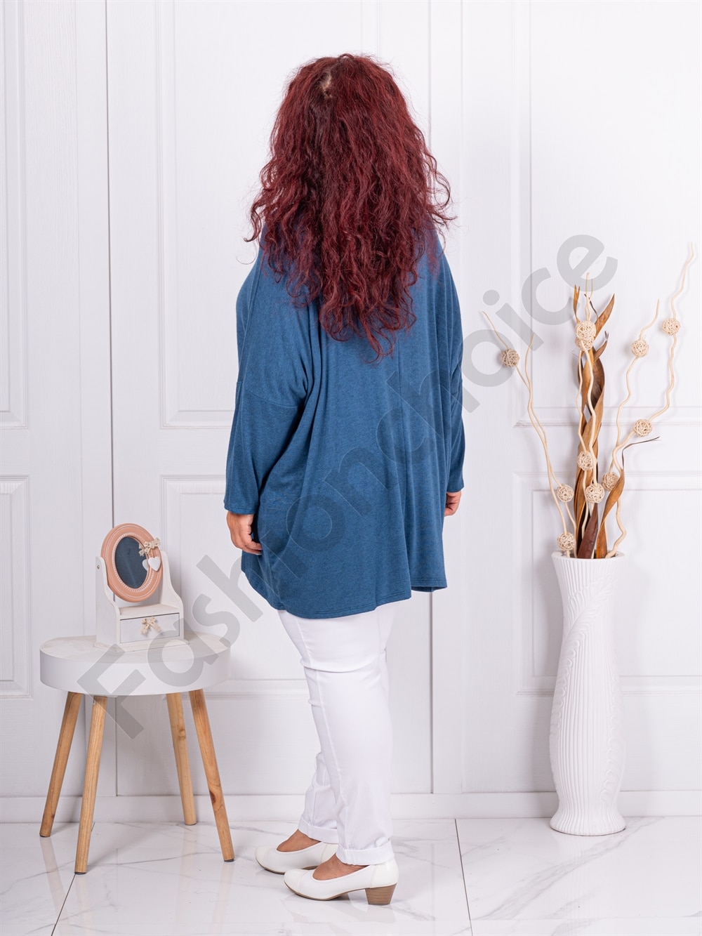 Plus size πλεκτή μπλούζα με φλοράλ τύπωμα-μπλε-κωδ 12781-3