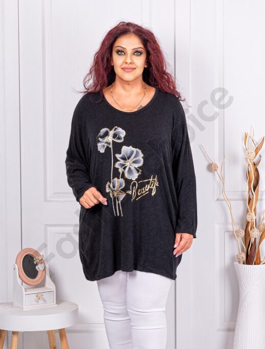 Plus size πλεκτή μπλούζα με φλοράλ τύπωμα-μαύρο-κωδ 12781