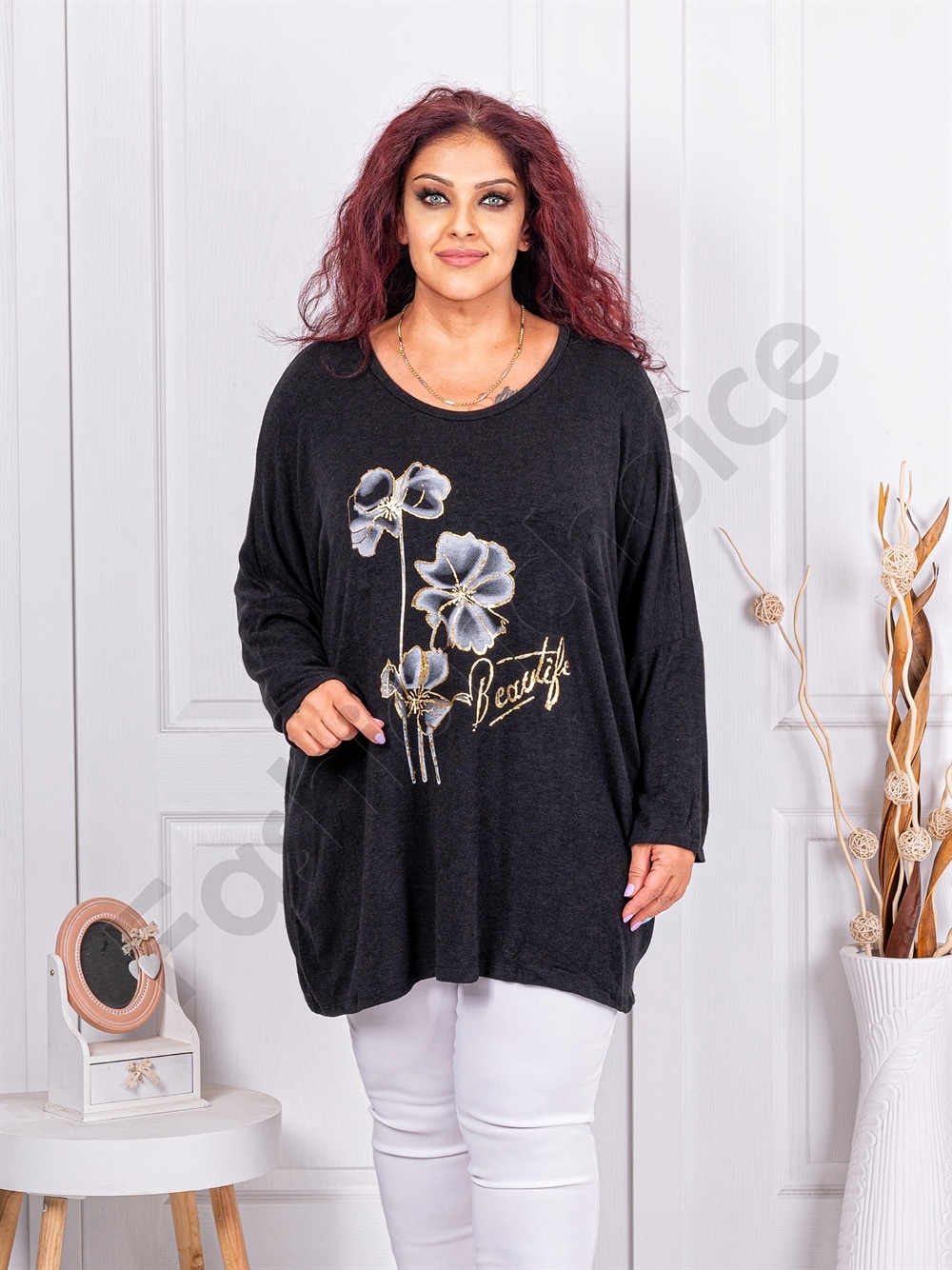 Plus size πλεκτή μπλούζα με φλοράλ τύπωμα-μαύρο-κωδ 12781