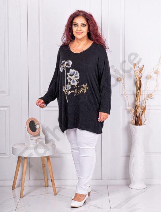 Plus size πλεκτή μπλούζα με φλοράλ τύπωμα-μαύρο-κωδ 12781