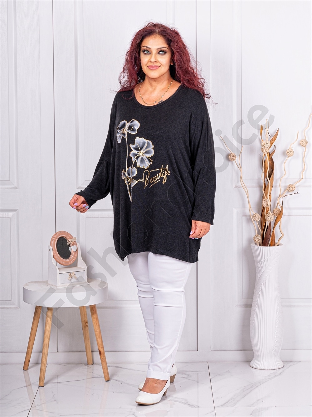 Plus size πλεκτή μπλούζα με φλοράλ τύπωμα-μαύρο-κωδ 12781
