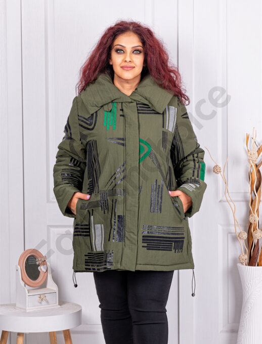 Plus size μπουφάν με μοτίβα-χακί-κωδ 63019-2