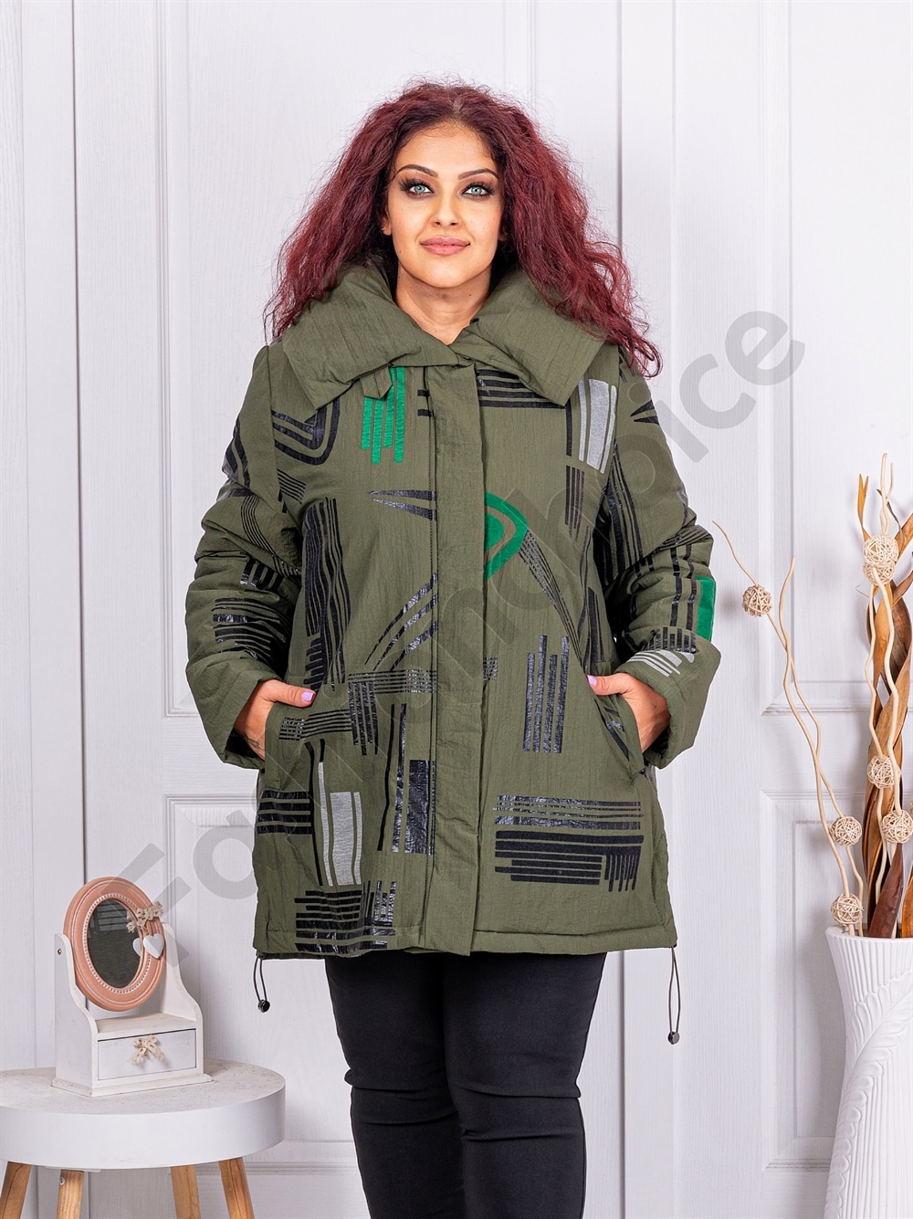 Plus size μπουφάν με μοτίβα-χακί-κωδ 63019-2