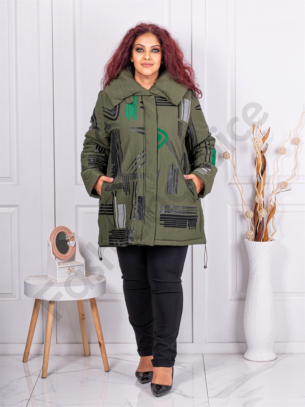 Plus size μπουφάν με μοτίβα-χακί-κωδ 63019-2