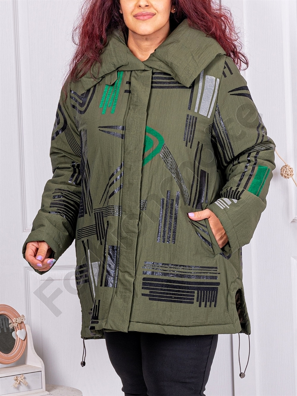 Plus size μπουφάν με μοτίβα-χακί-κωδ 63019-2