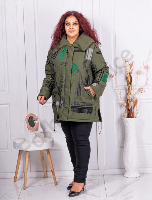 Plus size μπουφάν με μοτίβα-χακί-κωδ 63019-2