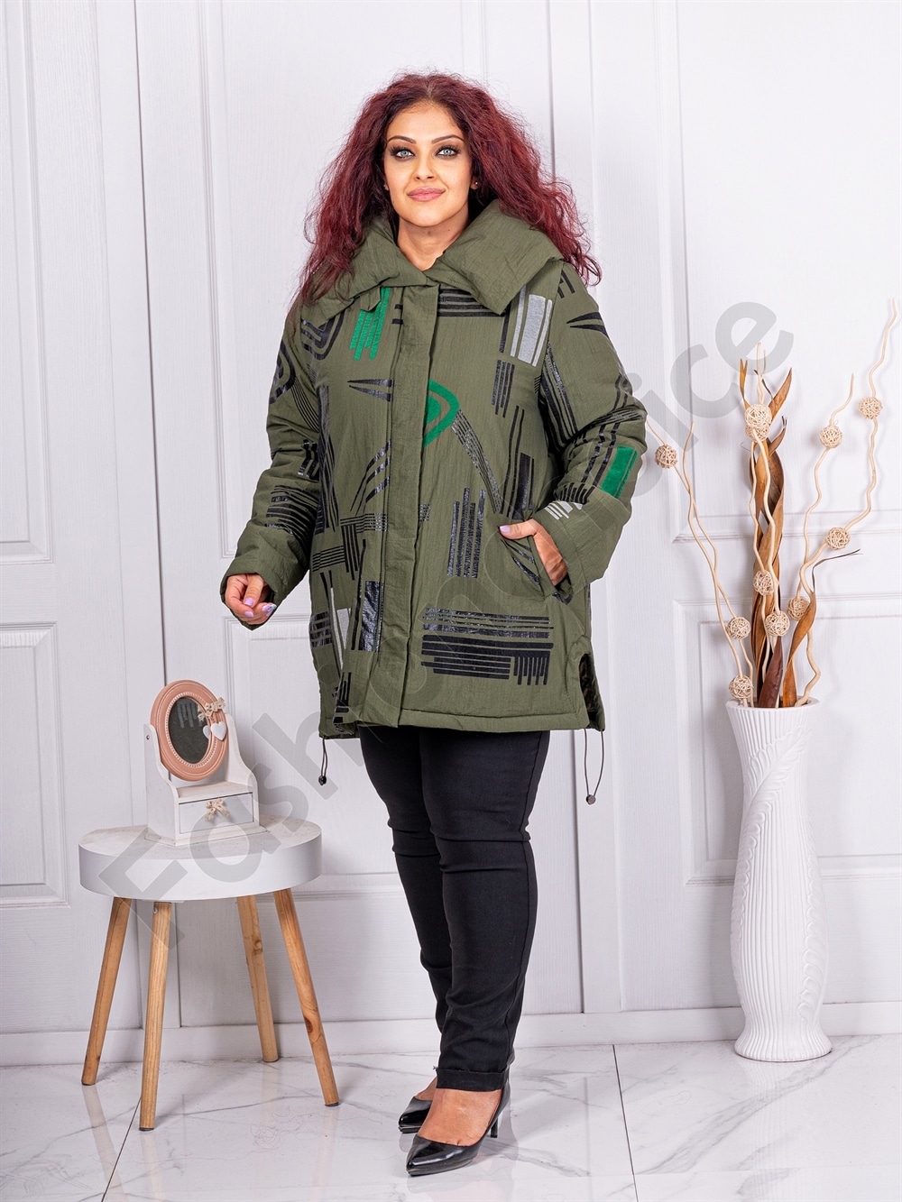 Plus size μπουφάν με μοτίβα-χακί-κωδ 63019-2