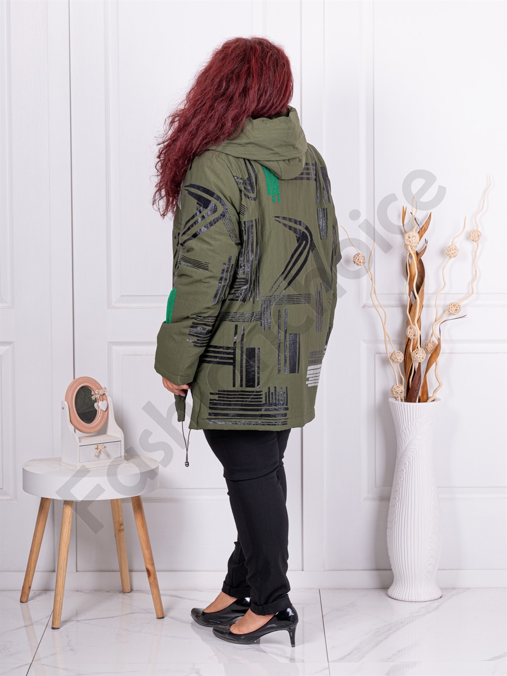 Plus size μπουφάν με μοτίβα-χακί-κωδ 63019-2