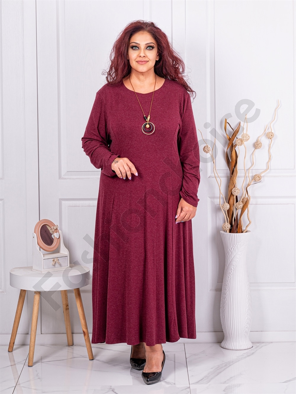 Plus size ανκορά φόρεμα με δώρο κολιέ-μπορντό-κωδ 6085А-1