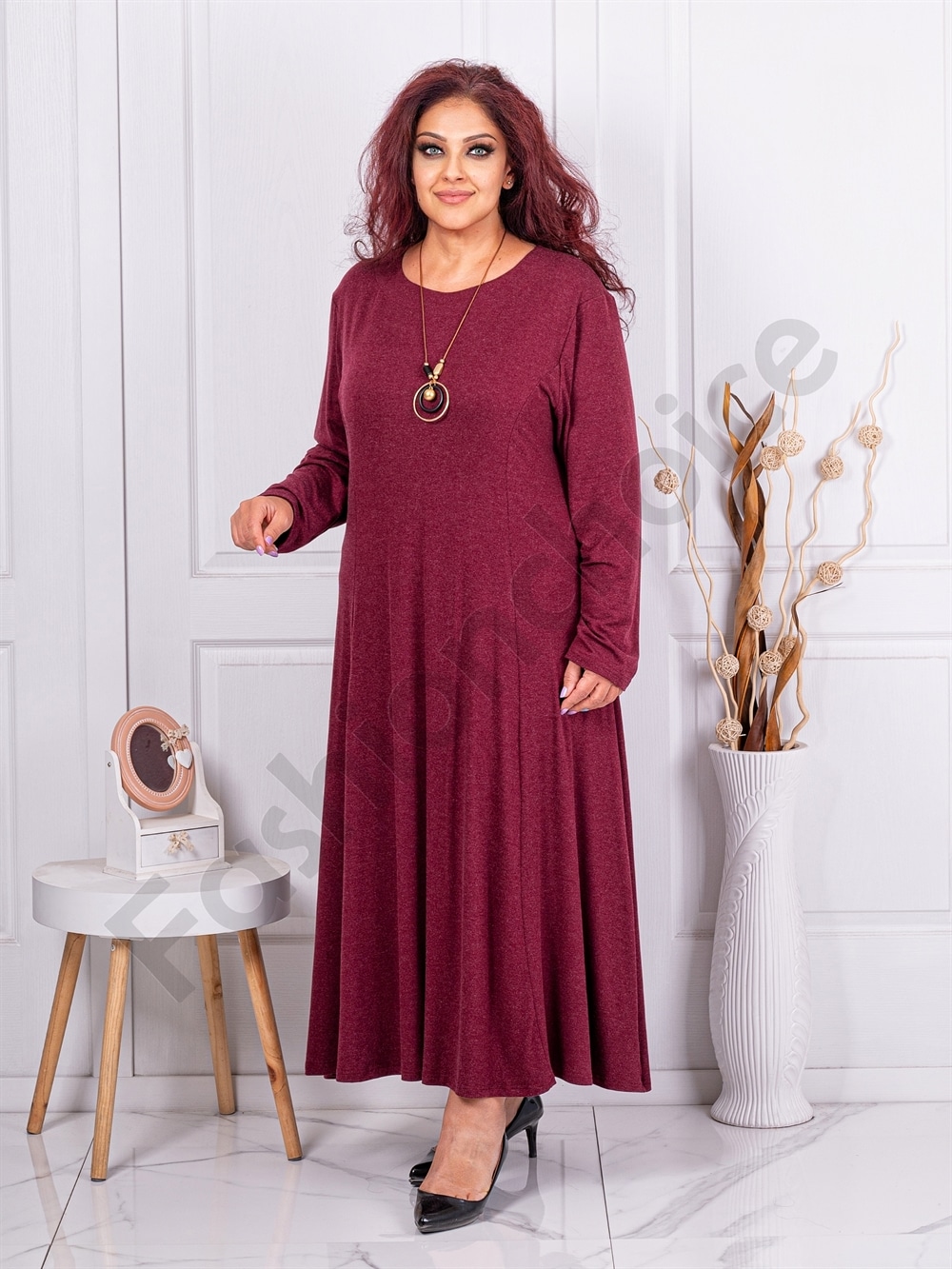 Plus size ανκορά φόρεμα με δώρο κολιέ-μπορντό-κωδ 6085А-1