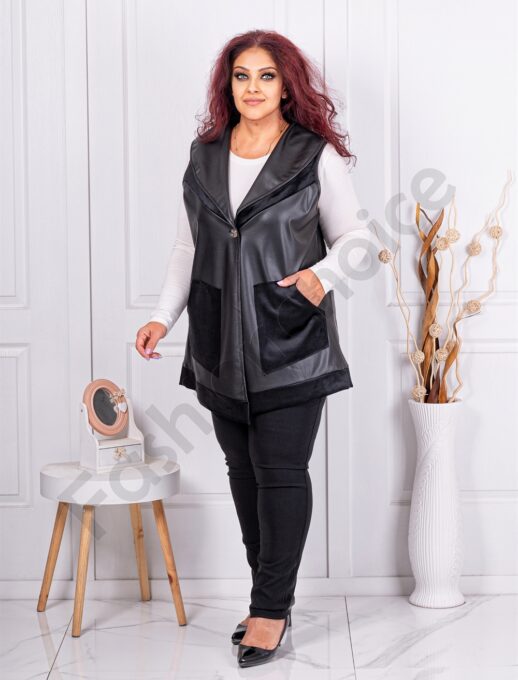Plus size δερμάτινο γιλέκο με βελουτέ λεπτομέρειες-μαύρο-κωδ 22040