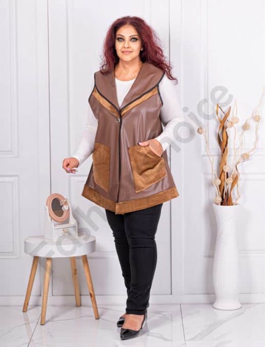 Plus size δερμάτινο γιλέκο με βελουτέ λεπτομέρειες-καφέ-κωδ 22040-2