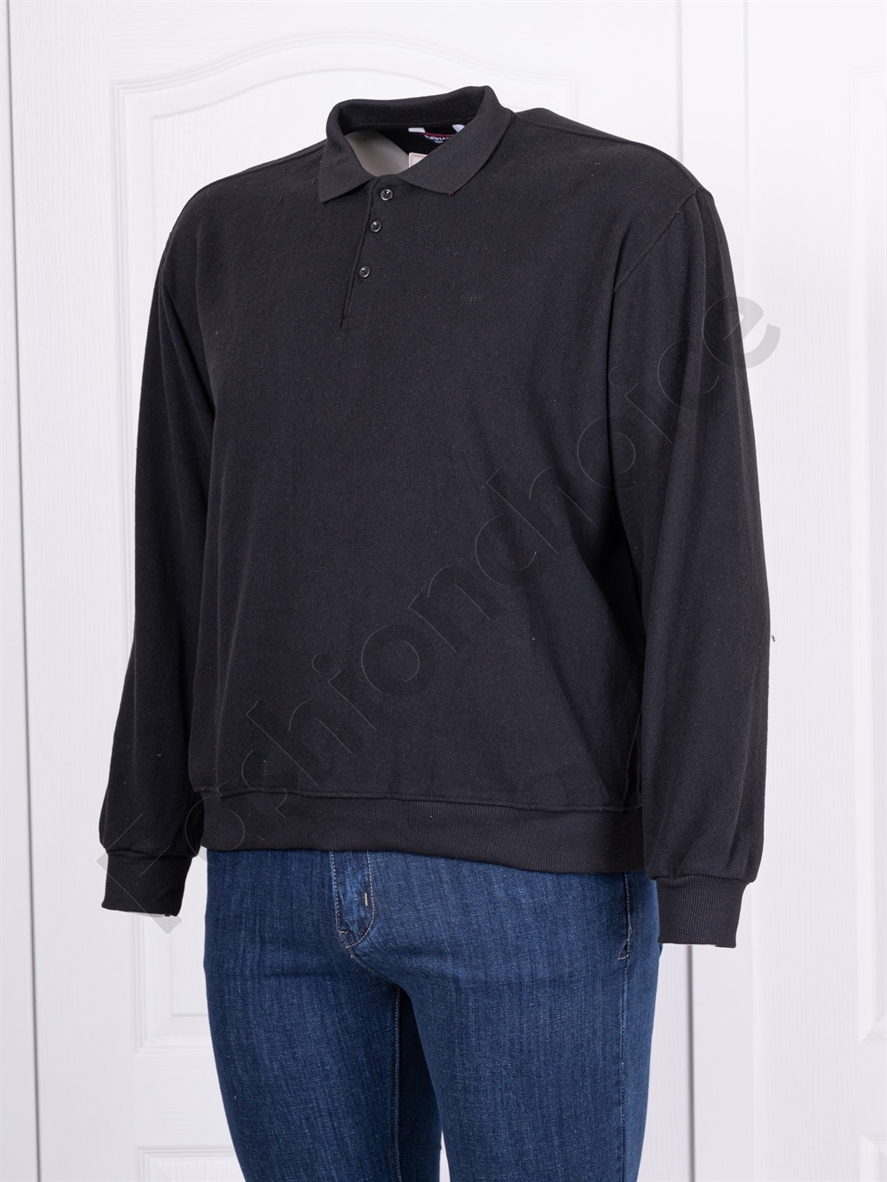 Plus size μακρυμάνικη πόλο μπλούζα-μαύρο-κωδ 172/177