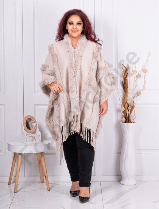 Plus size κάπα με γούνα και κρόσσια-εκρού-κωδ 3345-1
