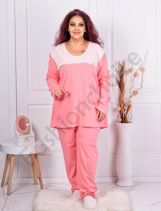Plus size βαμβακερή πιτζάμα-ροζ-κωδ 11526