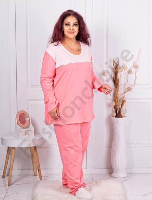 Plus size βαμβακερή πιτζάμα-ροζ-κωδ 11526