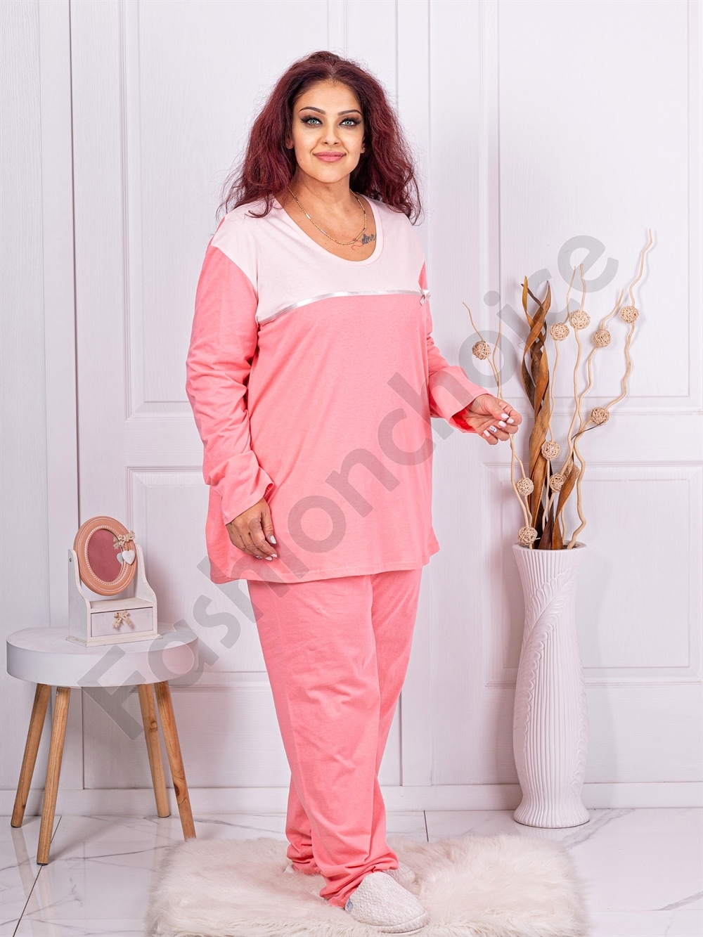 Plus size βαμβακερή πιτζάμα-ροζ-κωδ 11526
