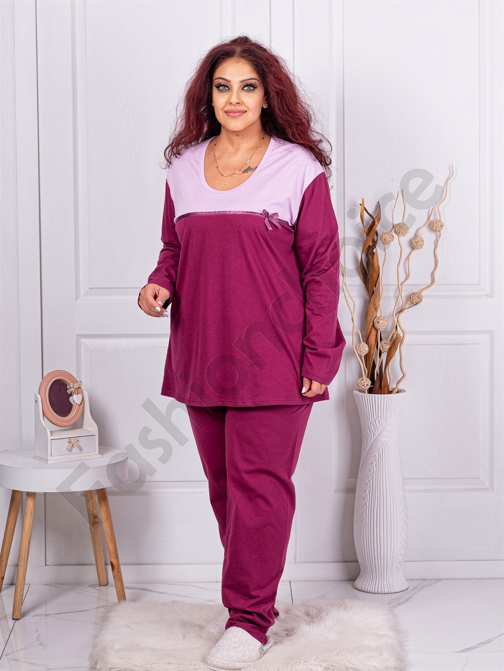 Plus size βαμβακερή πιτζάμα-ματζέντα-κωδ 11526-1