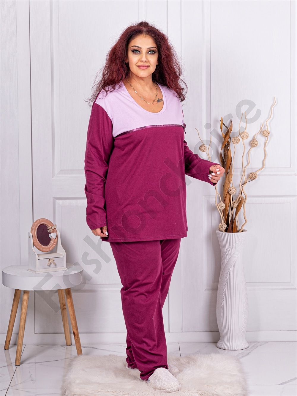 Plus size βαμβακερή πιτζάμα-ματζέντα-κωδ 11526-1