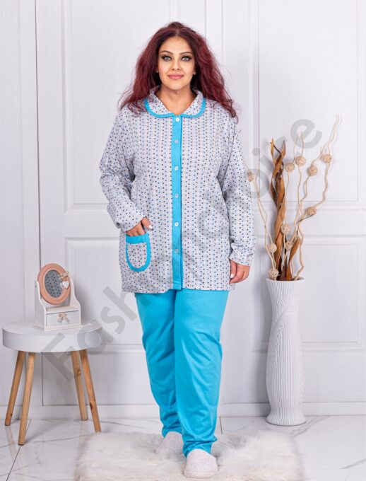 Plus size βαμβακερή πιτζάμα με κούμπωμα μπροστά-γαλάζιο-κωδ 11104-1
