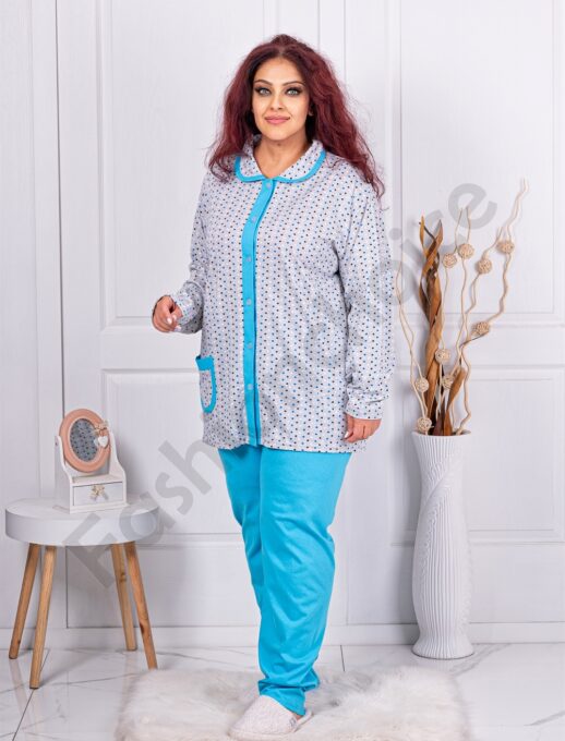 Plus size βαμβακερή πιτζάμα με κούμπωμα μπροστά-γαλάζιο-κωδ 11104-1