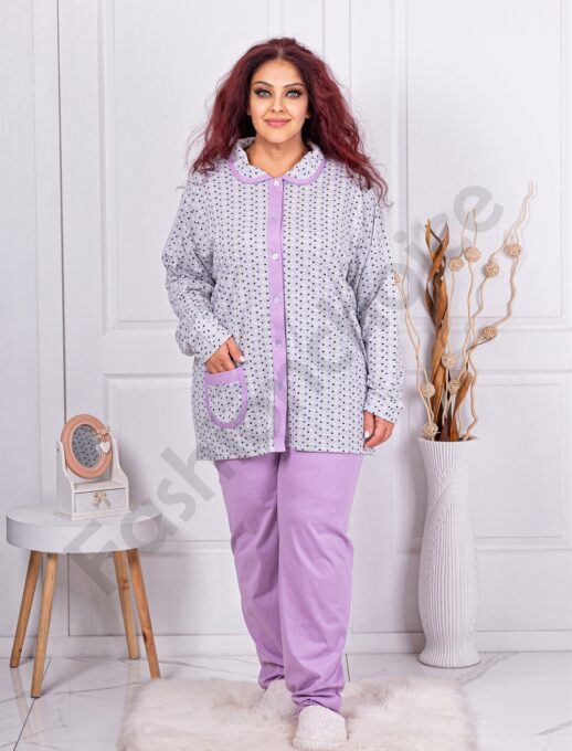 Plus size βαμβακερή πιτζάμα με κούμπωμα μπροστά-λιλά-κωδ 11104