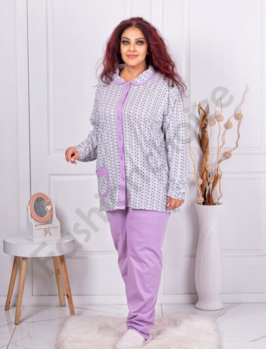 Plus size βαμβακερή πιτζάμα με κούμπωμα μπροστά-λιλά-κωδ 11104