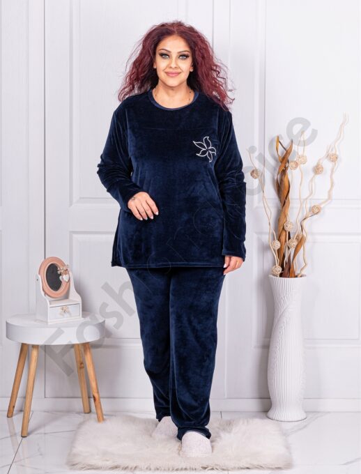 Plus size βελούδινο σύνολο με κέντημα-μπλε σκούρο-κωδ 51575-1