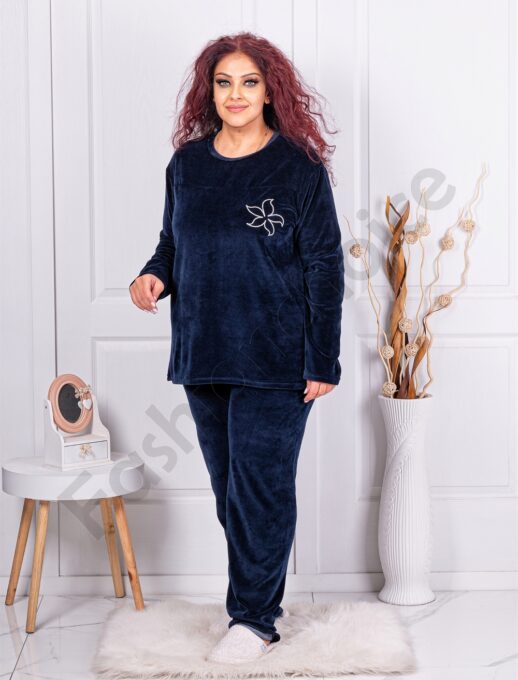 Plus size βελούδινο σύνολο με κέντημα-μπλε σκούρο-κωδ 51575-1