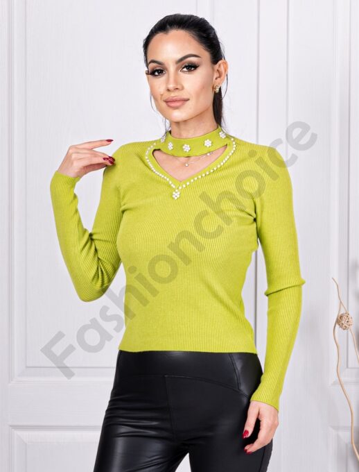 Γυναικεία μπλούζα V-neck με πέρλες-λάιμ-κωδ 3562-1