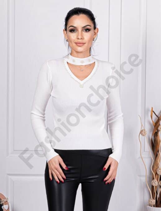 Γυναικεία μπλούζα V-neck με πέρλες-λευκό-κωδ 3562-2