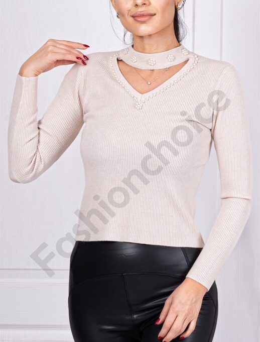 Γυναικεία μπλούζα V-neck με πέρλες-εκρού-κωδ 3562-3