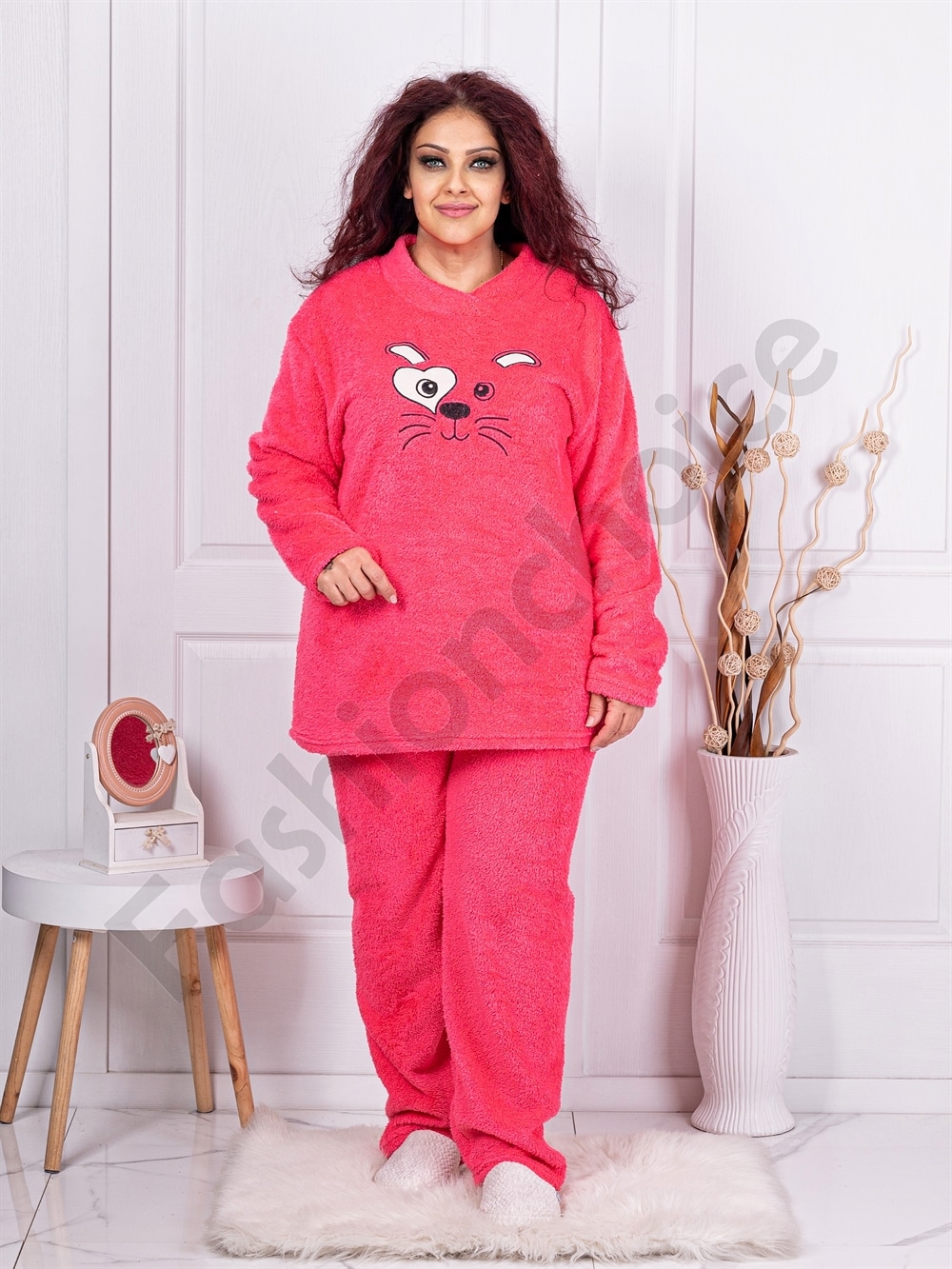 Plus size Fleece σετ με χαριτωμένο απλικέ-κοραλί-κωδ 71138-1