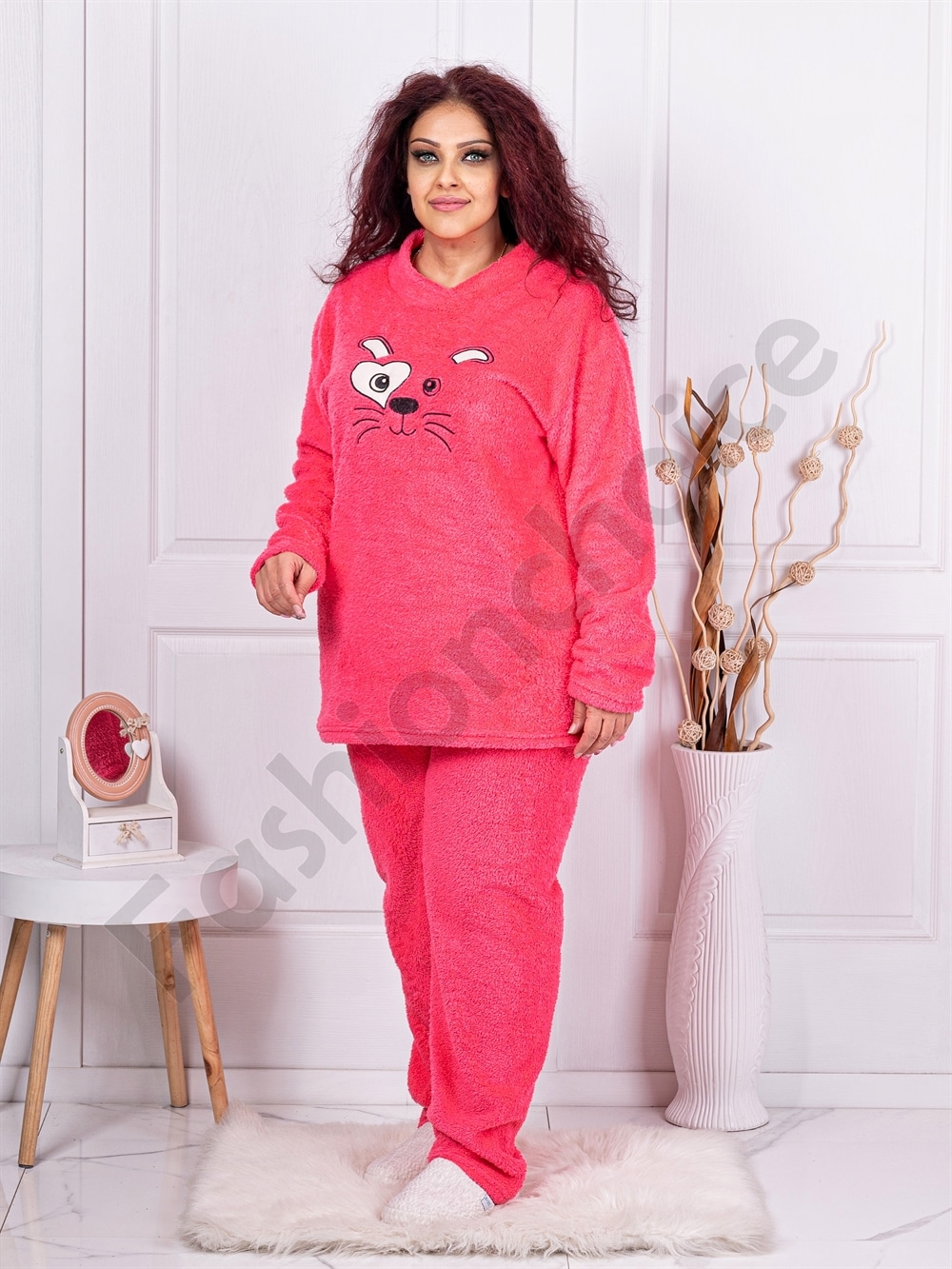 Plus size Fleece σετ με χαριτωμένο απλικέ-κοραλί-κωδ 71138-1