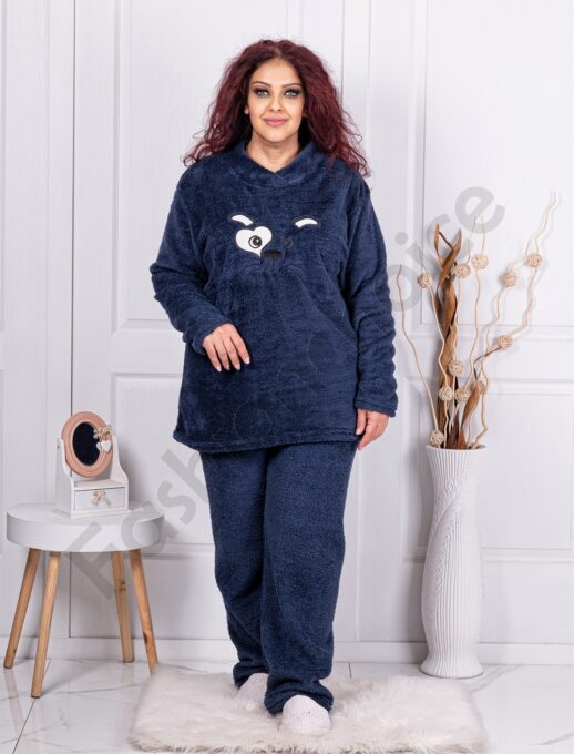 Plus size Fleece σετ με χαριτωμένο απλικέ-μπλε σκούρο-κωδ 71138