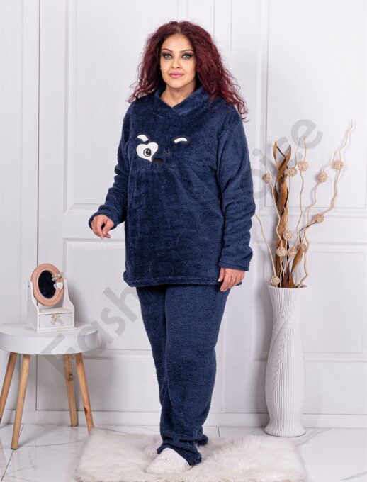 Plus size Fleece σετ με χαριτωμένο απλικέ-μπλε σκούρο-κωδ 71138