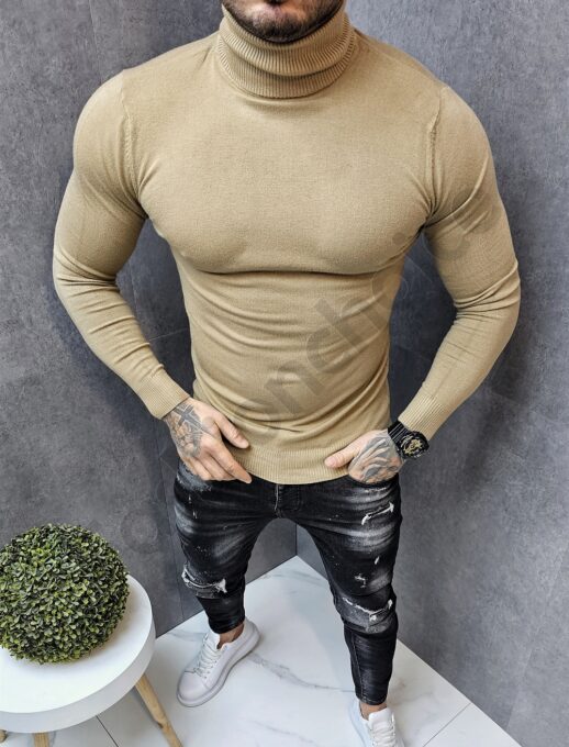 Πουλόβερ ζιβάγκο λεπτής πλέξης Slim Fit-μπεζ-κωδ 663-5