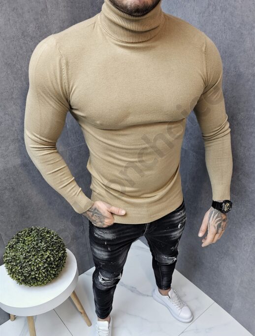 Πουλόβερ ζιβάγκο λεπτής πλέξης Slim Fit-μπεζ-κωδ 663-5