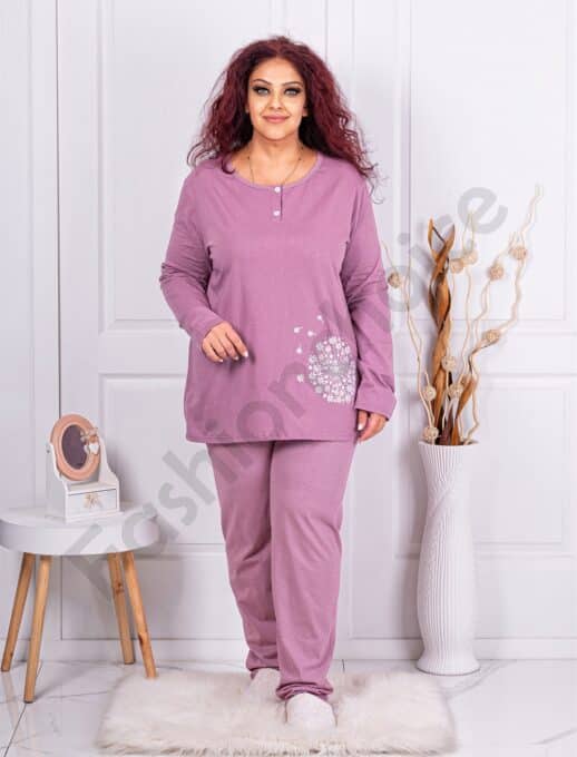 Plus size βαμβακερή πιτζάμα με φλοράλ τύπωμα-λιλά-κωδ 11506-1