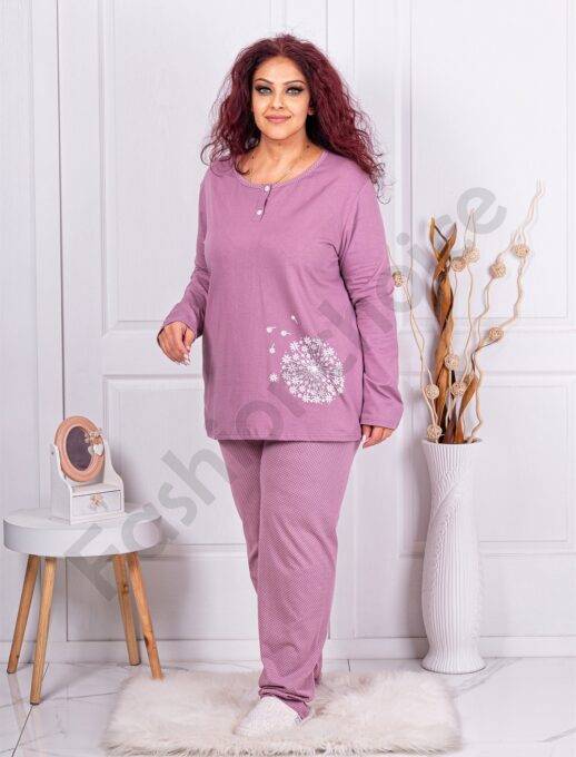 Plus size βαμβακερή πιτζάμα με φλοράλ τύπωμα-λιλά-κωδ 11506-1