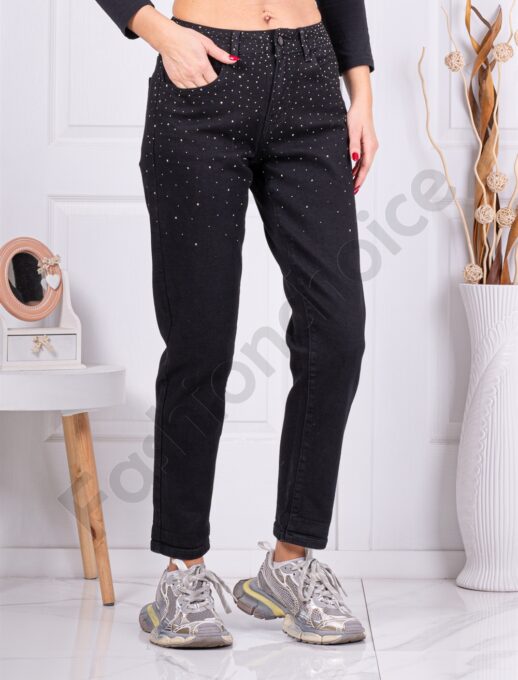 Γυναικείο τζιν παντελόνι με στρας mom fit-μαύρο-κωδ 11441