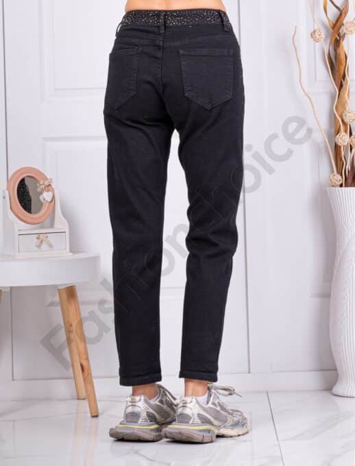 Γυναικείο τζιν παντελόνι με στρας mom fit-μαύρο-κωδ 11441