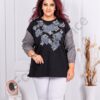 Plus size μπλούζα με απλικέ στρας και τζιν μανίκια-γκρι-κωδ 304